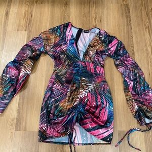 Multi Palm Print Satin Plunge Ruched Front Dress worn once